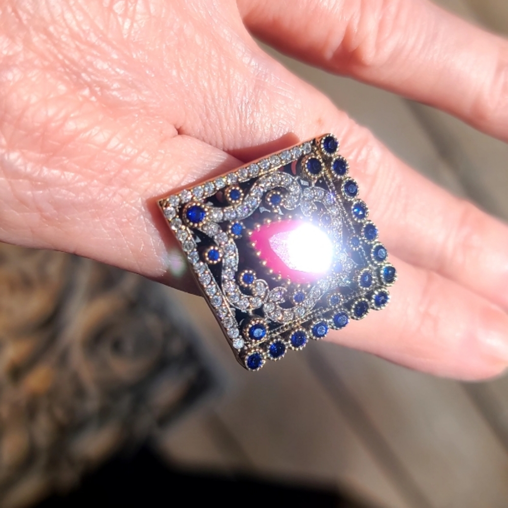 Large square Turkish ruby, sapphire & topaz ring